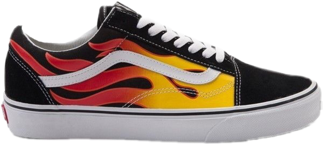 Vans 桌布 壁紙 — 一雙黑色Vans運動鞋，側面有鮮明的紅橙色和黃色火焰圖案，背景透明。