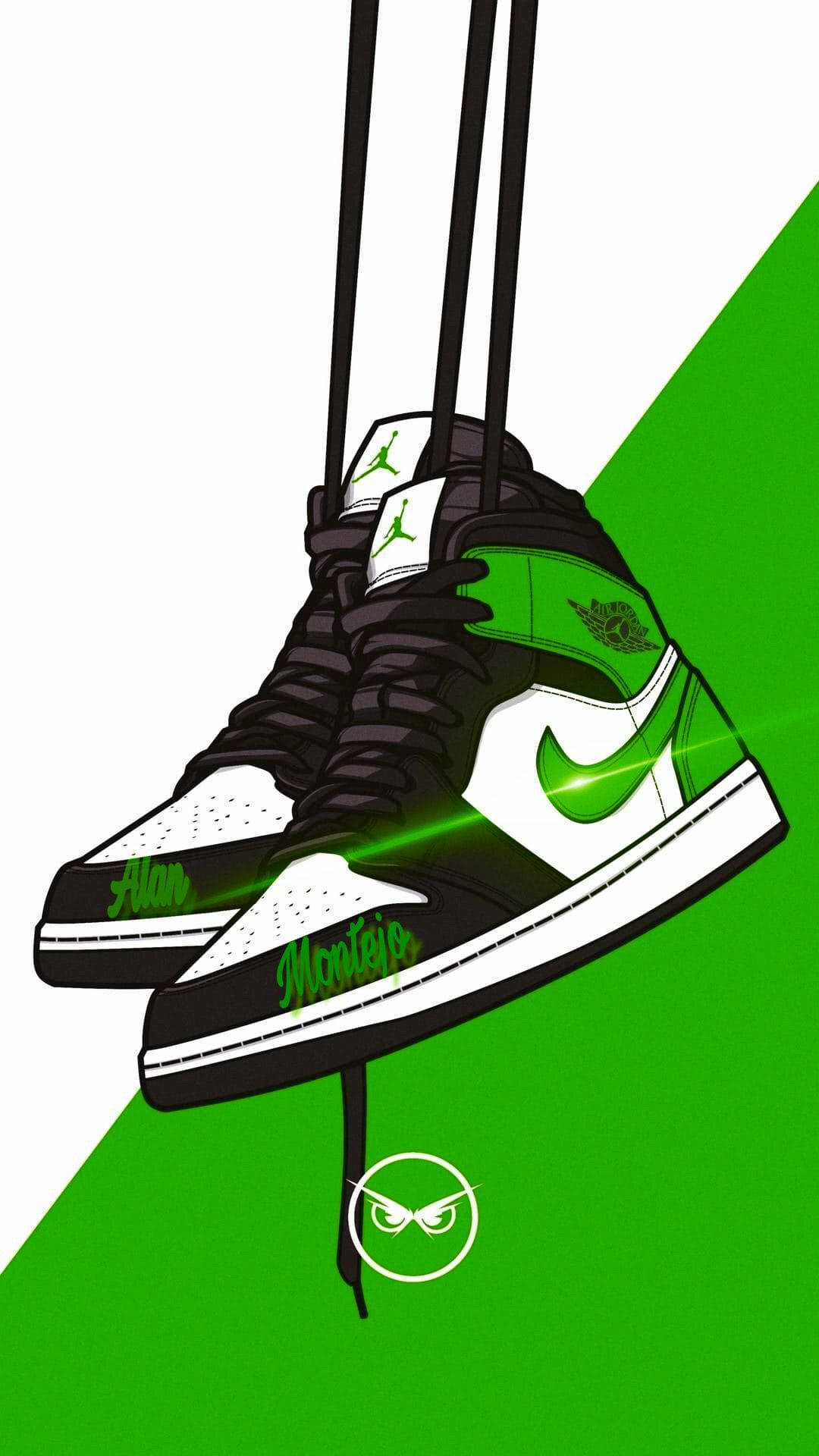 Green Shoes 桌布 壁紙 — 一雙黑色和綠色的Jordan運動鞋懸掛在鞋帶上，背景是鮮明的綠色和白色對角線。