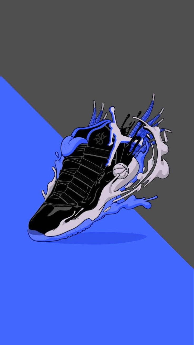 cool shoe 桌布 壁紙 — 一雙黑藍色籃球鞋在分割的藍色和灰色背景上爆發出動態的顏料飛濺。