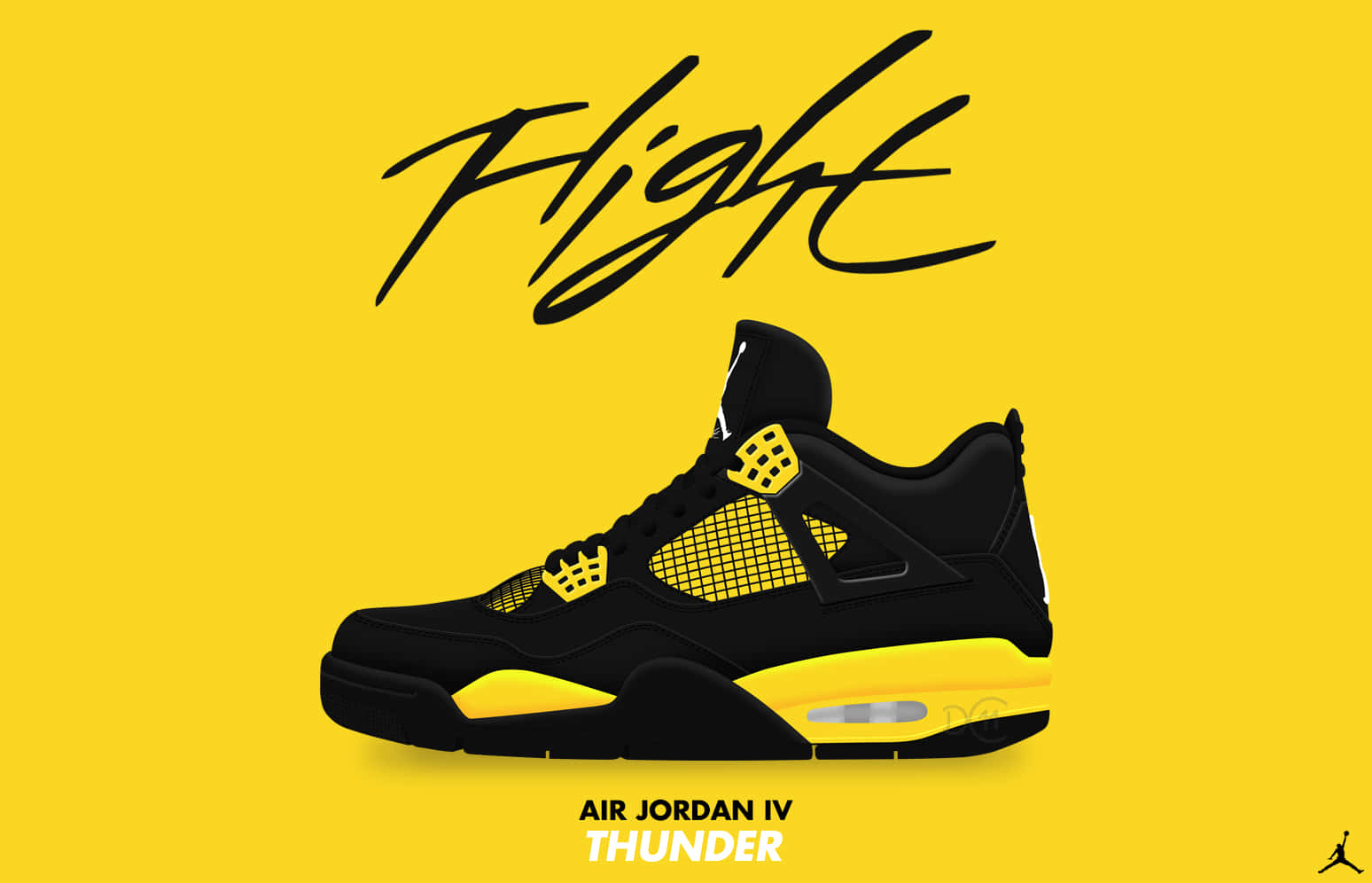 Yellow Jordan 桌布 壁紙 — 一雙黑黃色Air Jordan IV Thunder運動鞋置於鮮黃色背景中央，上方有黑色草書字體'Flight'。