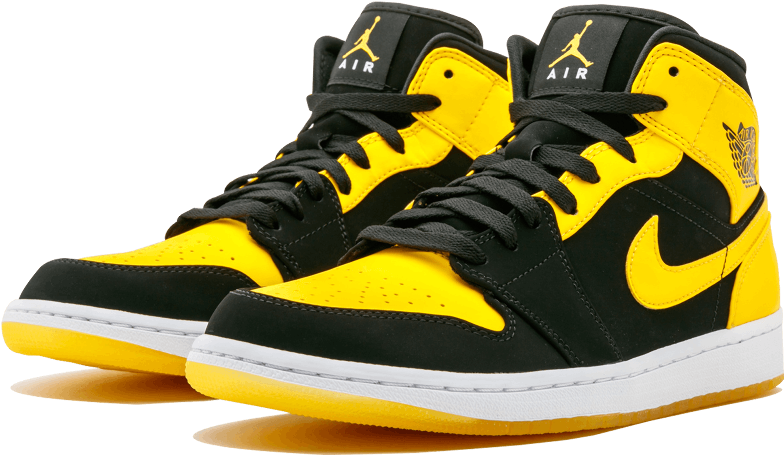 Air Jordan 桌布 壁紙 — 一雙黑黃色高筒Jordan運動鞋，白色鞋底，金色點綴，透明背景。