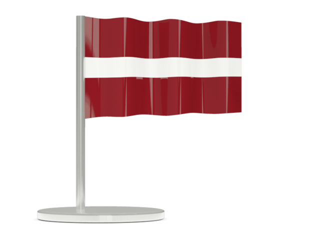 Latvia 桌布 壁紙 — 一面亮面紅白拉脫維亞國旗在黑色背景前於纖細銀色支架上動態飄揚。