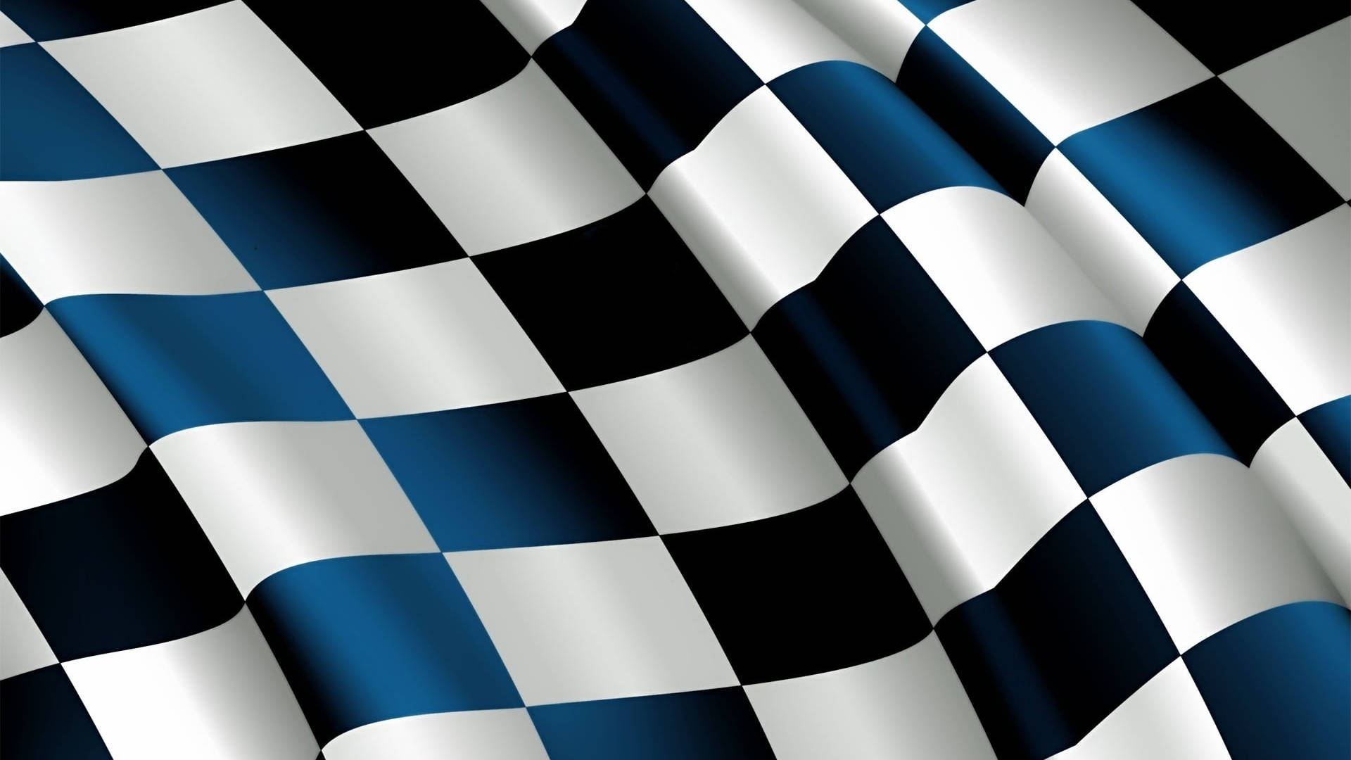 Checkered Flag 桌布 壁紙 — 一面充滿動感的藍白格子賽車旗幟隨風飄揚，帶有清晰的摺痕和光澤亮點。