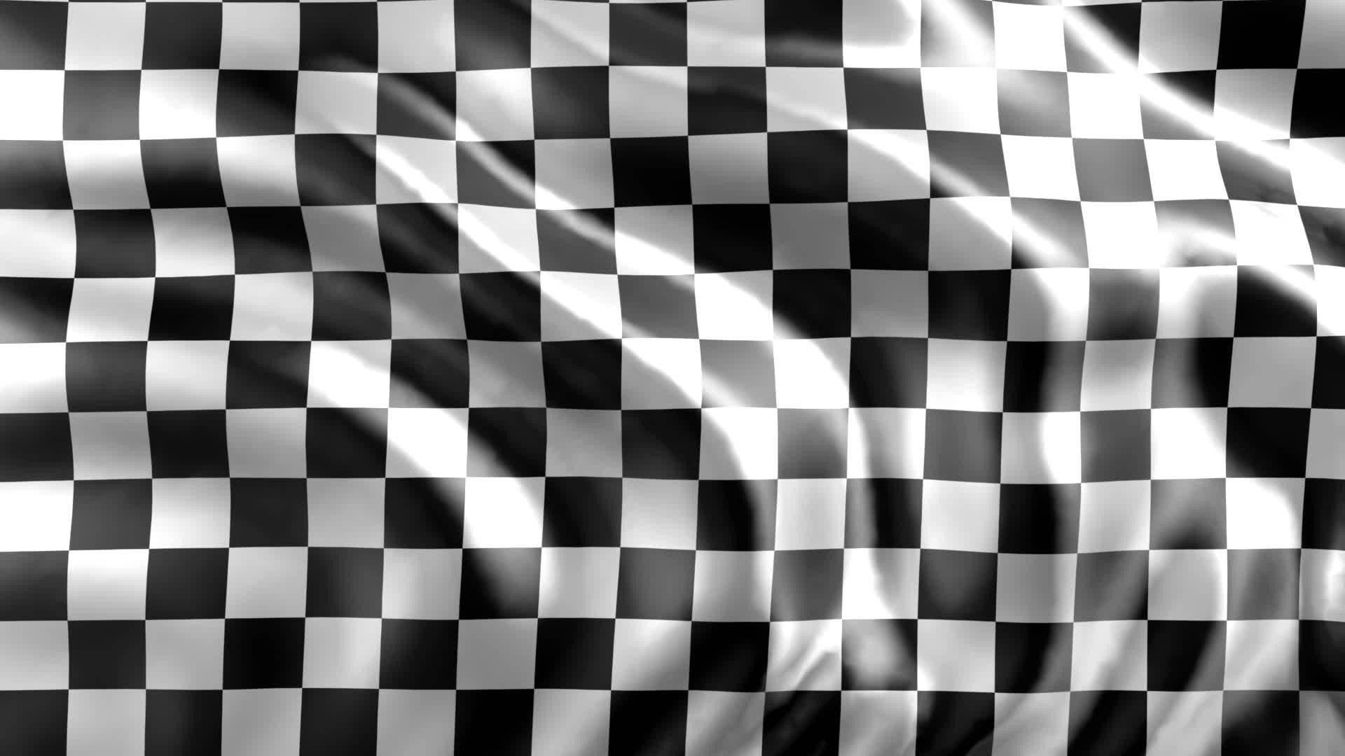 Checkered Flag 桌布 壁紙 — 一面充滿動感的黑白方格賽車旗在明亮光線下飄揚，形成清晰的褶皺。