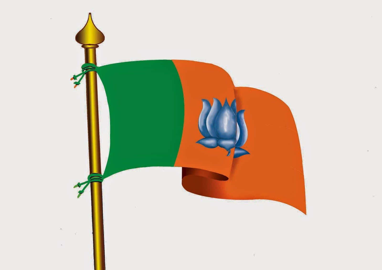 Bjp 桌布 壁紙 — 一面充滿活力的印度國旗，帶有藏紅花、綠色和白色條紋以及藍色蓮花標誌，在金色旗桿上自豪地飄揚。