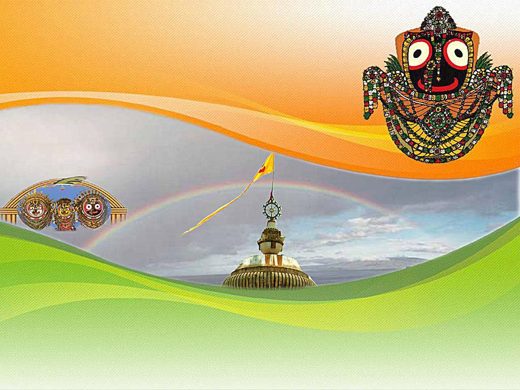 Jagannath 桌布 壁紙 — 一面充滿活力的印度國旗在寺廟上空飄揚，伴隨著彩虹和裝飾華麗的傳統神祇風箏。