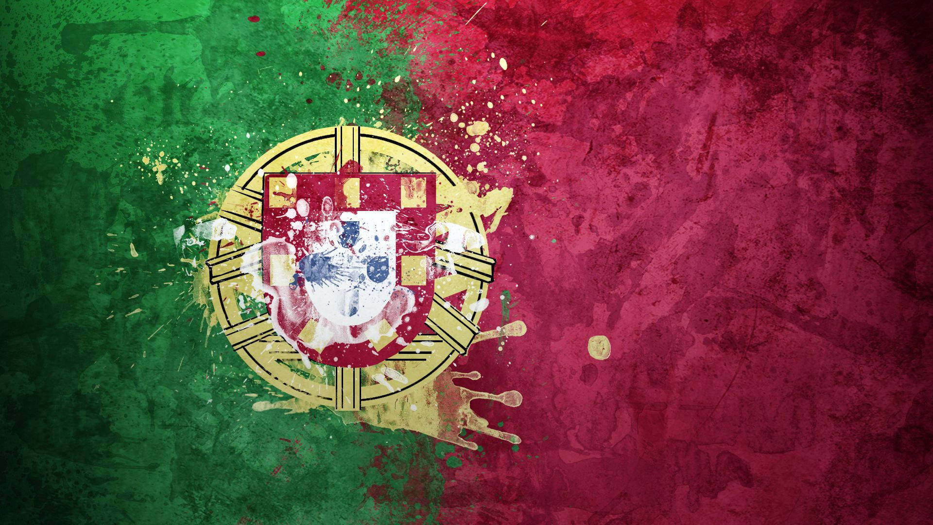 Portugal 桌布 壁紙 — 一面充滿活力的垃圾搖滾風格葡萄牙國旗，在綠色和紅色背景上帶有油漆飛濺和紋理筆觸。