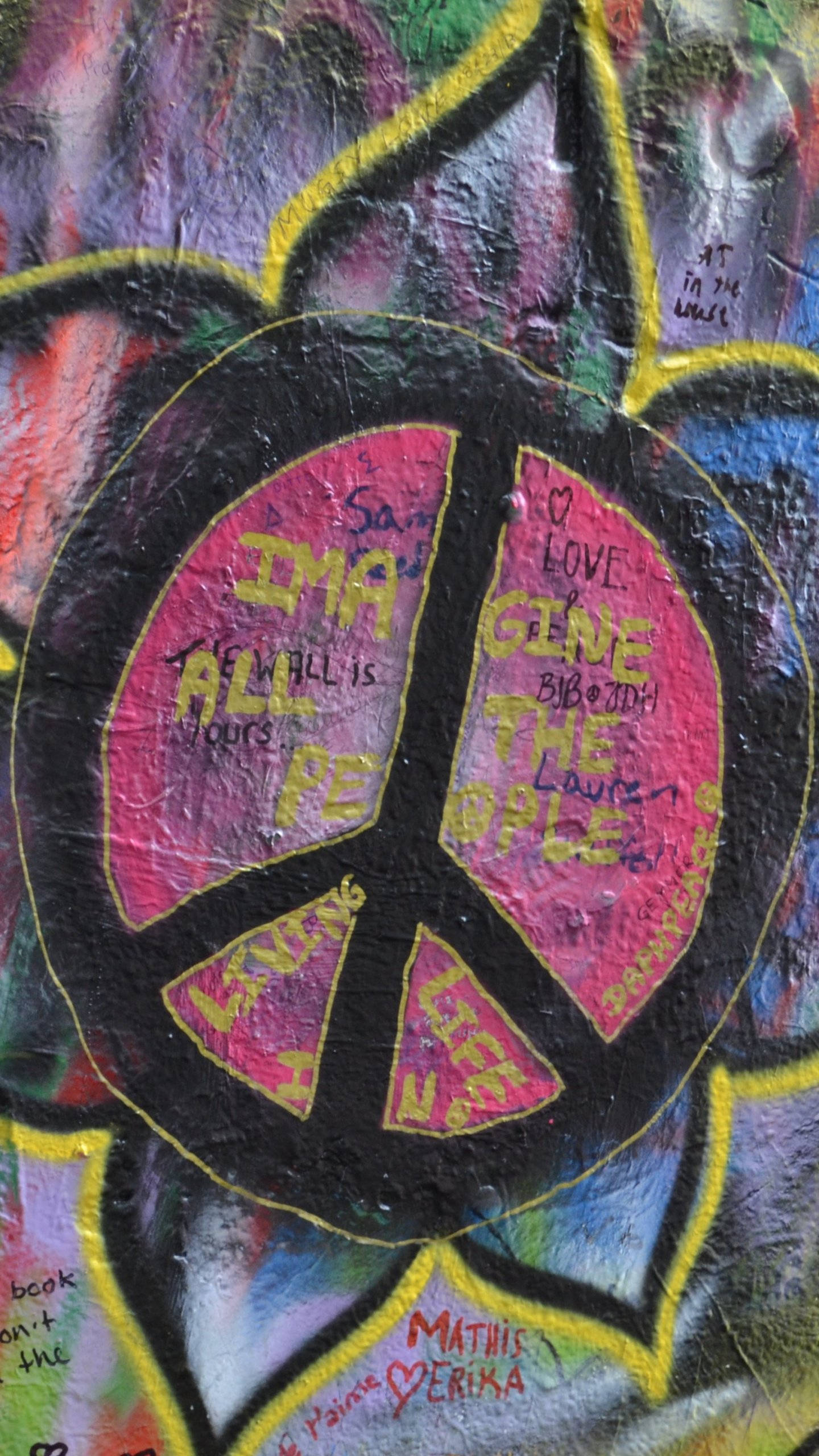 Peace Symbol 桌布 壁紙 — 一面充滿活力的塗鴉牆上有一個巨大的粉紅色和平符號，黃色文字宣告「I MAINTAIN ALL PEACE」和「LOVE GIVE THE PEOPLE」，周圍環繞著色彩繽紛的噴漆標籤。