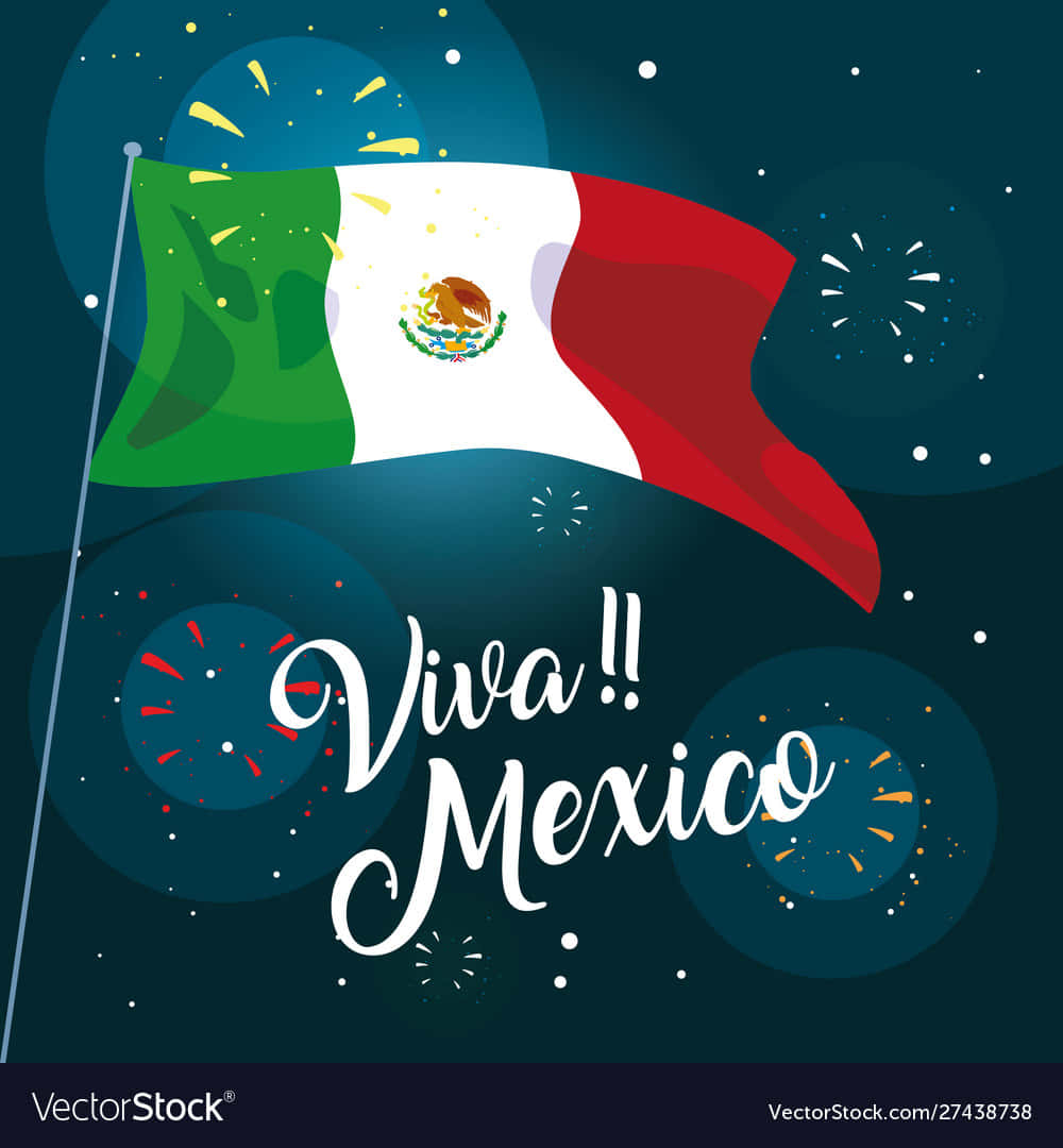 Viva Mexico 桌布 壁紙 — 一面充滿活力的墨西哥國旗在漆黑的夜空中自豪地飄揚，夜空佈滿色彩繽紛的煙火和慶祝文字Viva Mexico。
