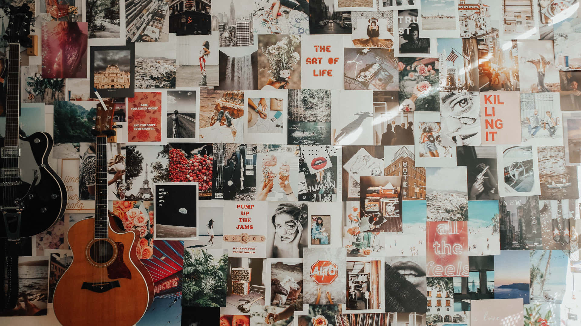 Aesthetic Collage Desktop 桌布 壁紙 — 一面充滿活力的拼貼牆，覆蓋著各種照片和海報，兩把吉他靠著牆。