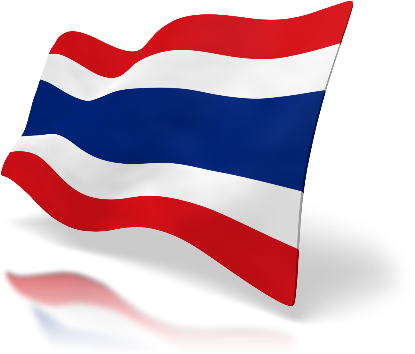 Flag 桌布 壁紙 — 一面充滿活力的泰國國旗在黑色背景上動態飄揚，下方有光澤的倒影。