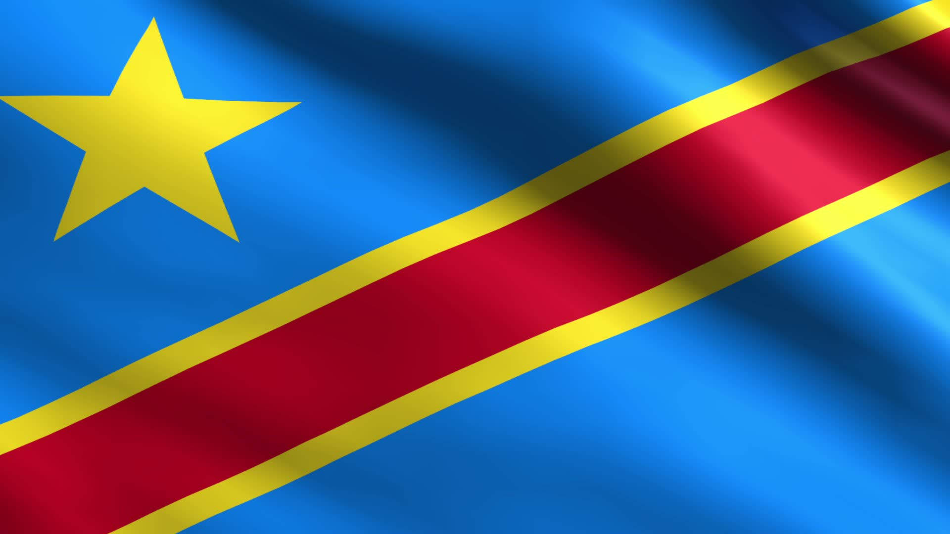 Kinshasa 桌布 壁紙 — 一面充滿活力的藍色旗幟，帶有金色邊緣的醒目紅色斜條紋，角落有一顆金色星星，動態飄揚。