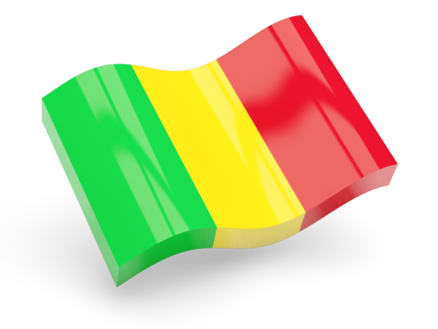 Mali 桌布 壁紙 — 一面光澤3D渲染的馬里國旗，帶有綠色、黃色和紅色條紋，在黑色背景上飄揚。