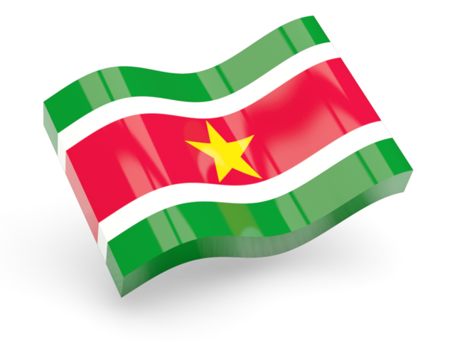 Suriname 桌布 壁紙 — 一面光澤的3D渲染蘇利南國旗在純黑背景上動態飄揚。