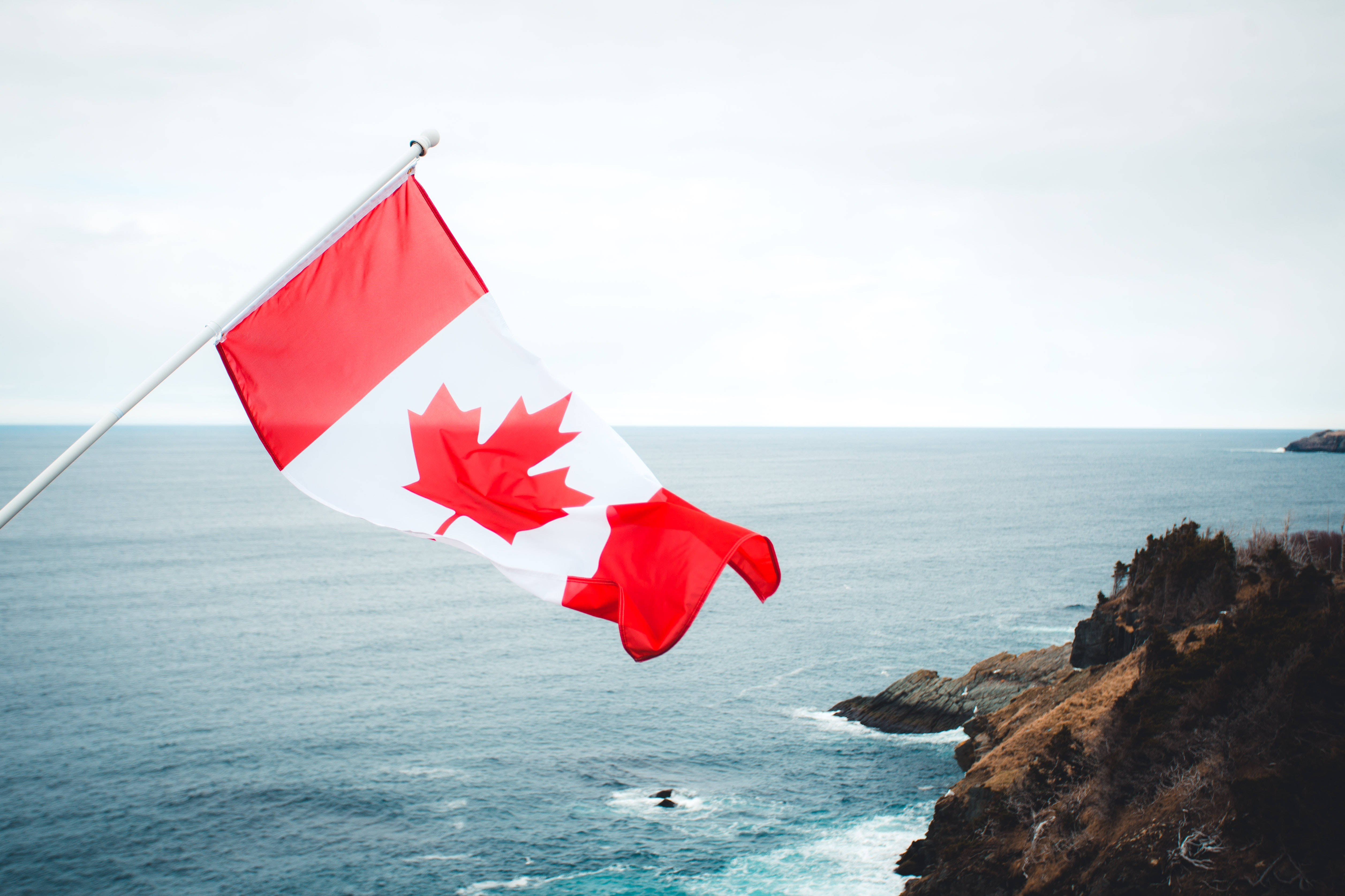 Flag 桌布 壁紙 — 一面加拿大國旗在陰天之下，於俯瞰廣闊藍色海洋的海岸懸崖上大膽飄揚。
