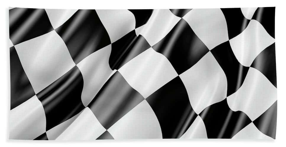 Chequered Flag 桌布 壁紙 — 一面動感的黑白方格賽車旗在純色背景上飄揚，帶有清晰的摺痕和光澤亮點。