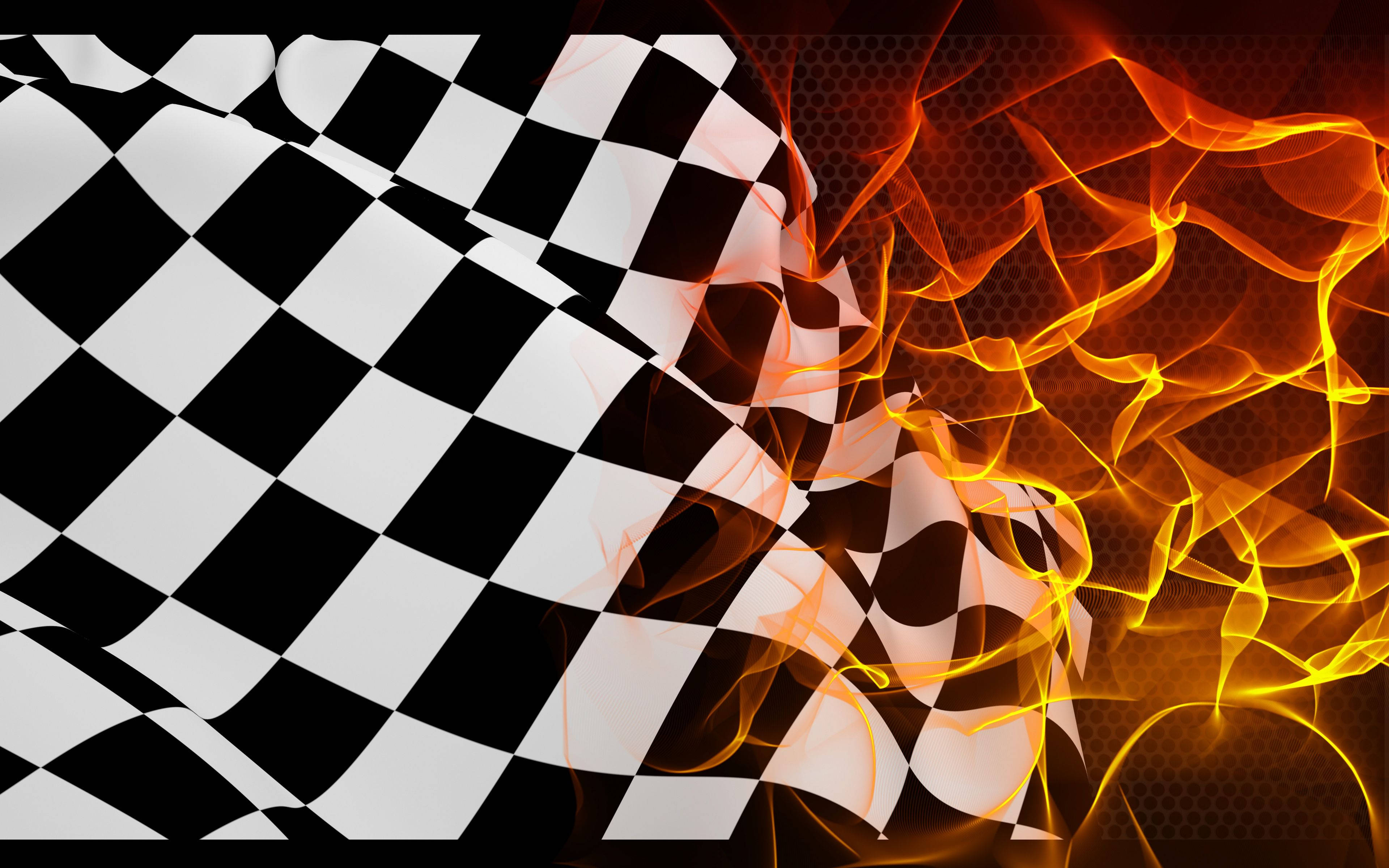 Checkered Flag 桌布 壁紙 — 一面動態的格子旗在熾熱的橙色和黑色背景上飄揚，帶有發光的火焰狀條紋。