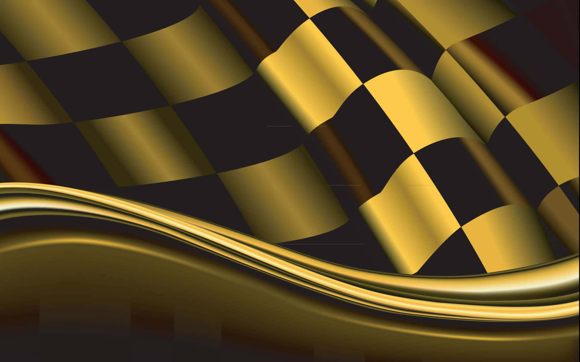 Checkered Flag 桌布 壁紙 — 一面動態的金色和黑色格子旗在深色背景上帶有金屬光澤流動。