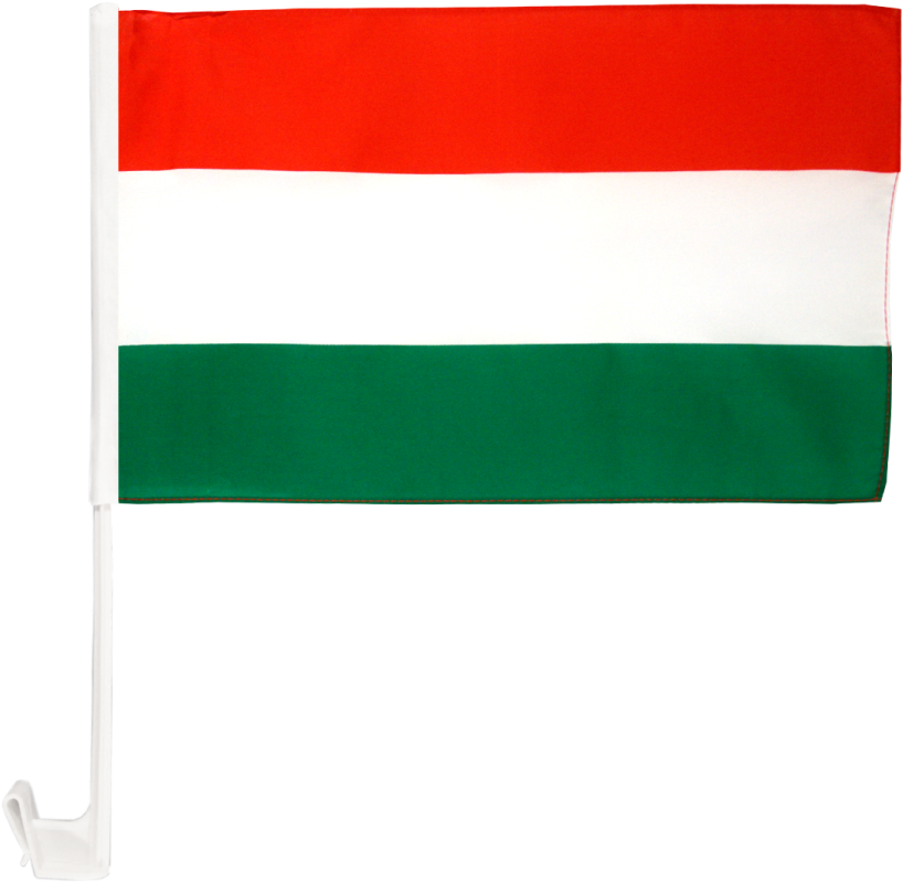 Hungary 桌布 壁紙 — 一面匈牙利國旗，帶有紅、白、綠橫條紋，附在白色車載支架上，背景為黑色。