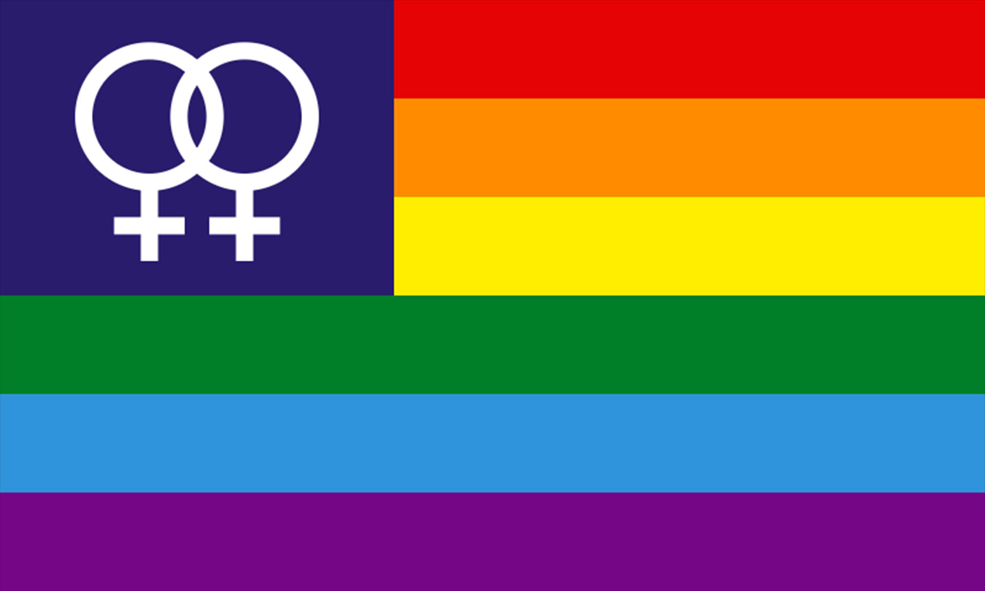 Pride Flag 桌布 壁紙 — 一面大膽的旗幟，在深藍色背景上，水平彩虹條紋旁邊有相互鎖定的女性符號。