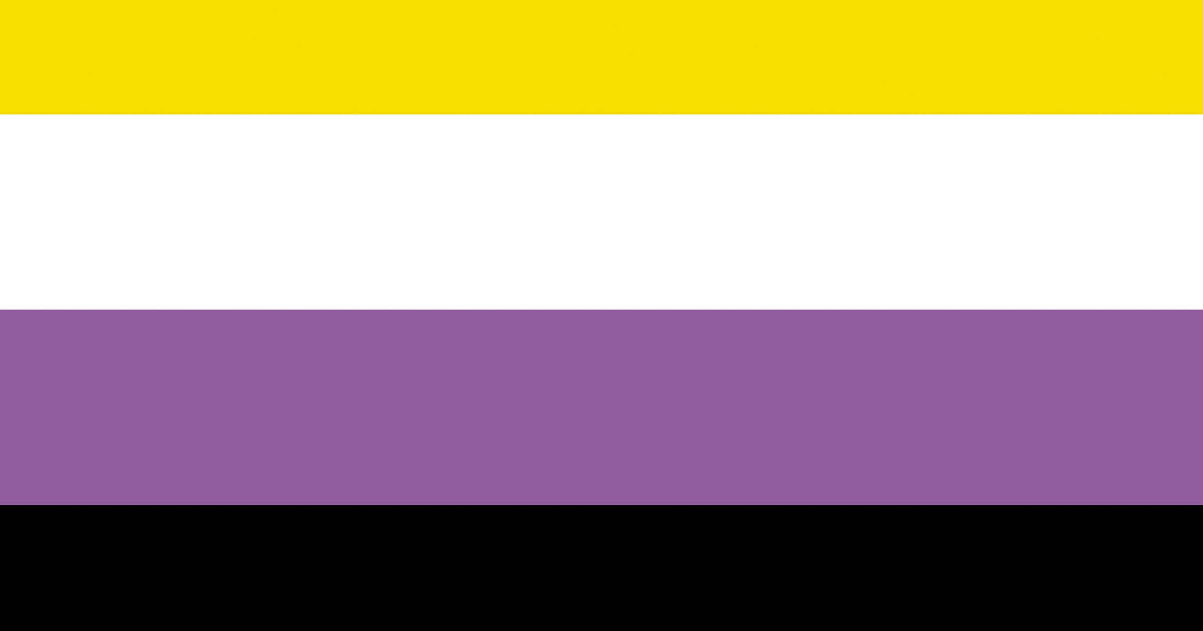 Nonbinary 桌布 壁紙 — 一面大膽的旗幟，帶有四條黃色、白色、紫色和黑色的水平條紋。