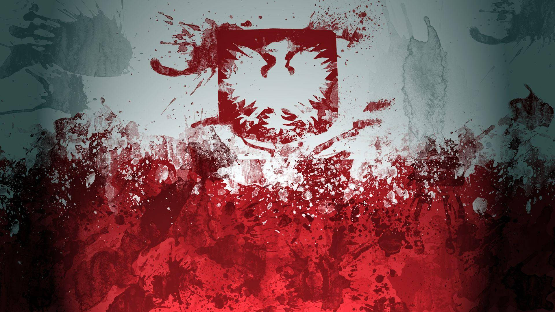Poland Flag 桌布 壁紙 — 一面大膽的波蘭國旗，白色鷹徽以紅色和灰色油漆濺在紋理背景上。