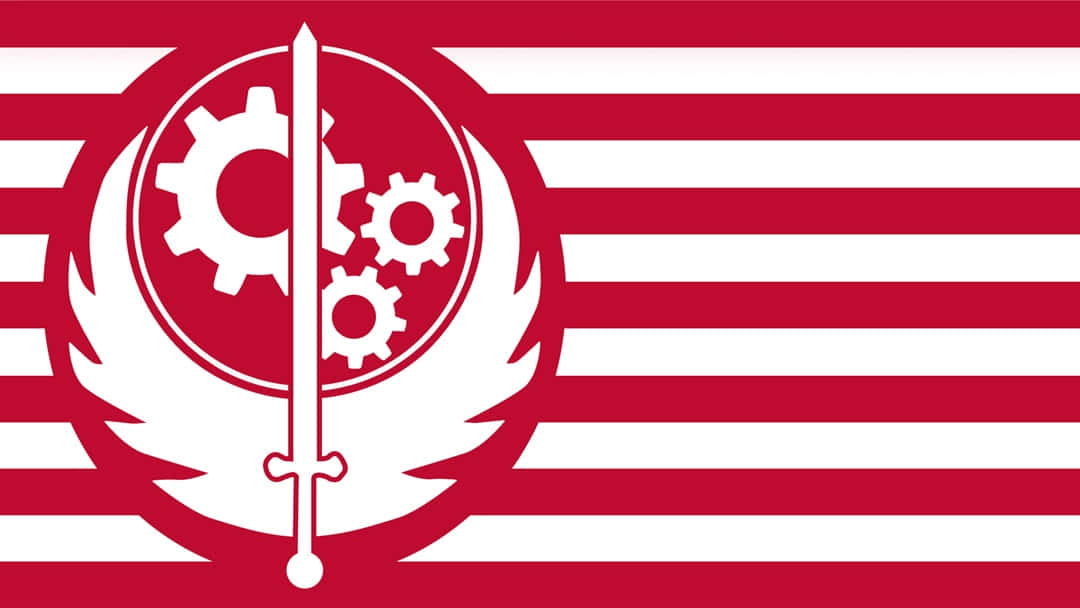 Fallout Brotherhood Of Steel 桌布 壁紙 — 一面大膽的紅白旗幟，中央有一個新月形內的齒輪和劍的標誌。