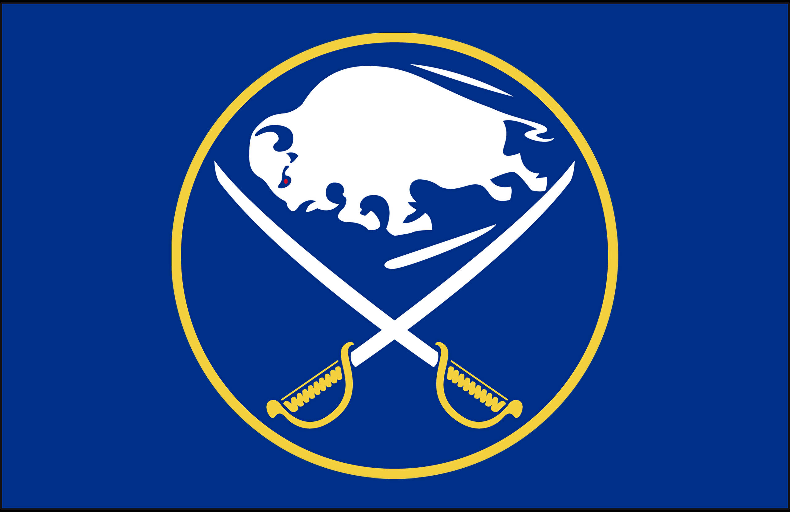 Sabres 桌布 壁紙 — 一面大膽的藍色旗幟上，金色圓圈內有交叉的劍，上方有一個白色水牛頭。