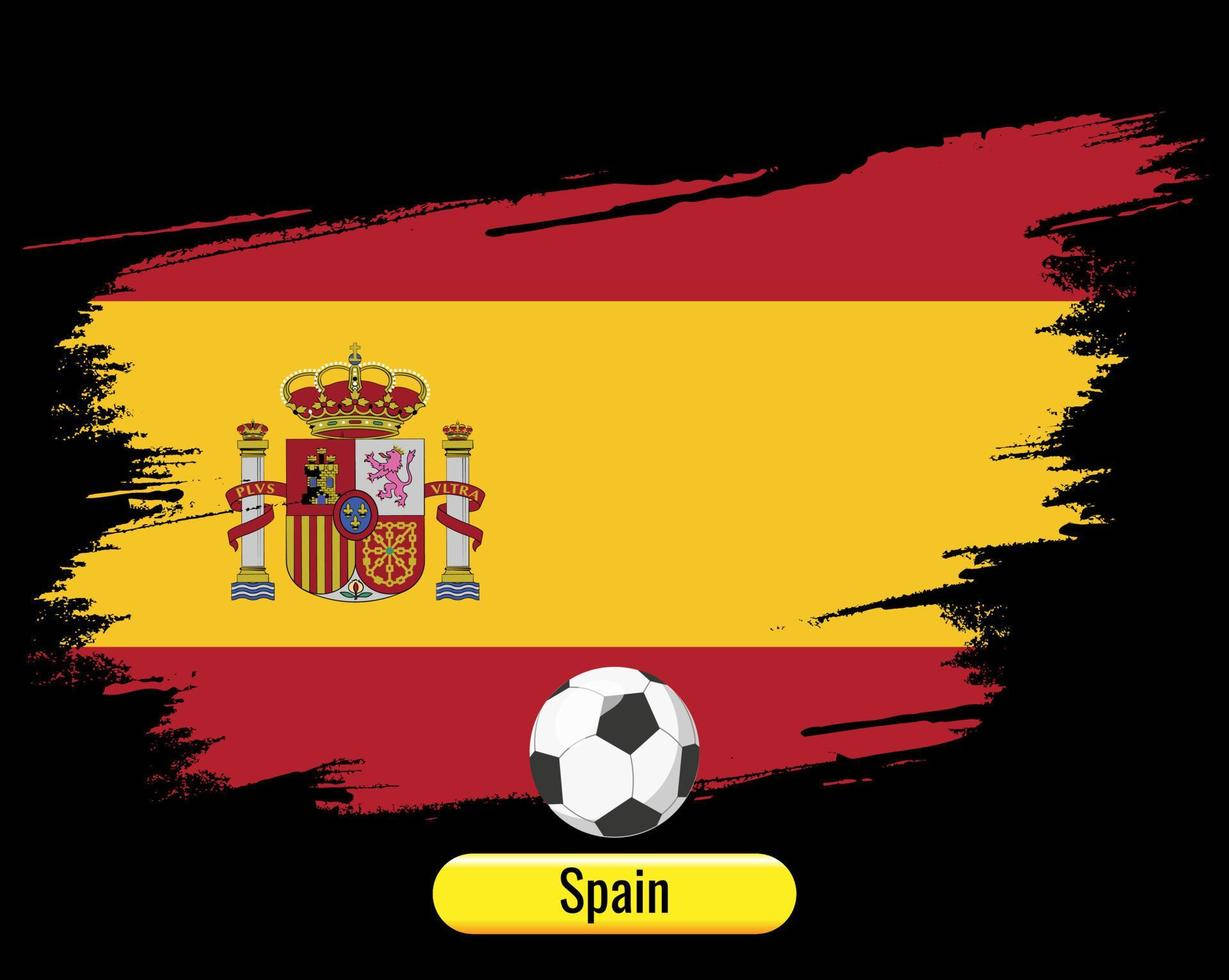 Spain Flag 桌布 壁紙 — 一面大膽的西班牙國旗，帶有足球和「西班牙」標籤，背景為黑色，帶有畫筆筆觸。