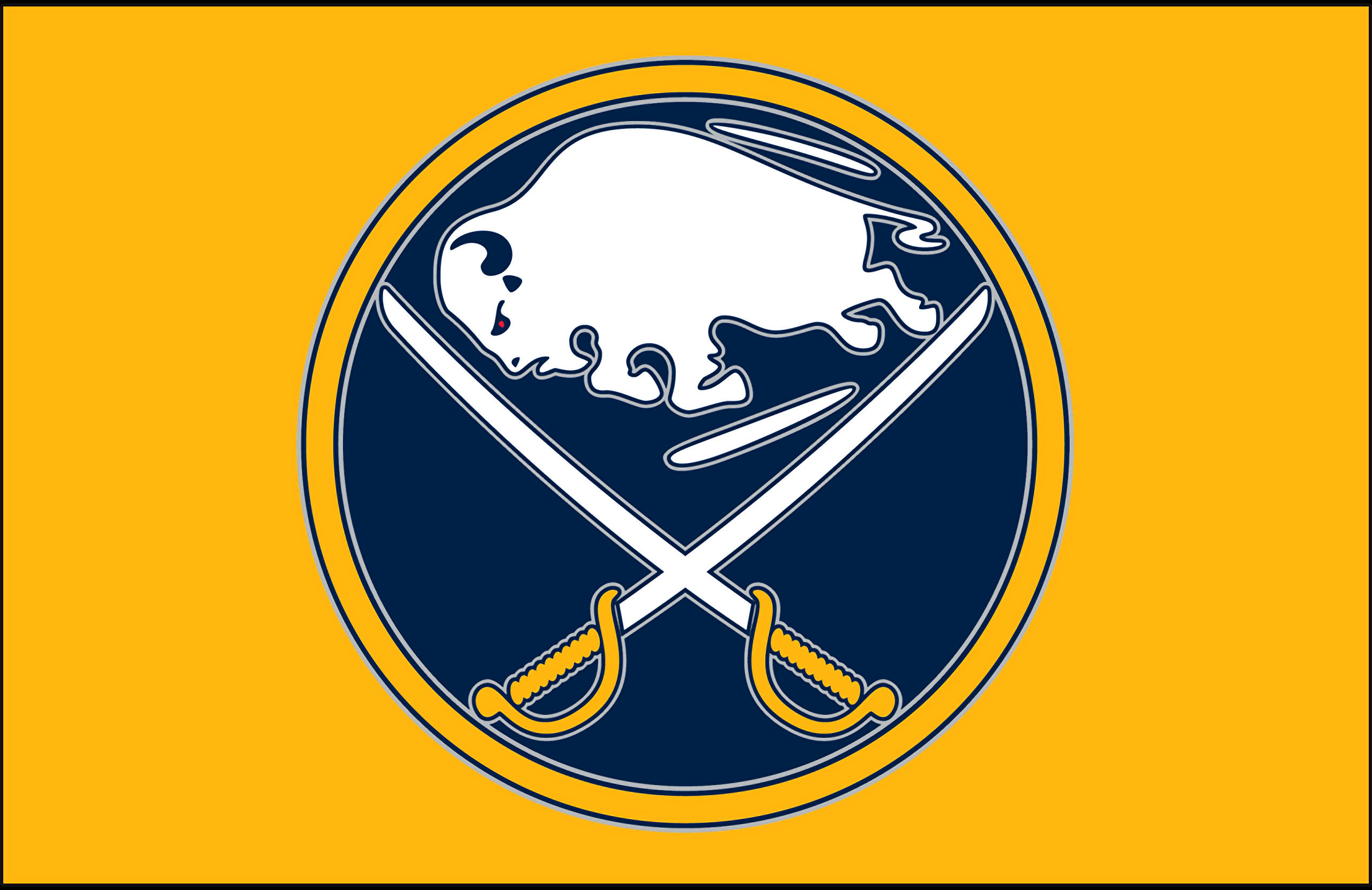 Sabres 桌布 壁紙 — 一面大膽的黃色旗幟上有一個海軍藍圓圈，內有白色水牛剪影，下方是交叉的黃柄劍。