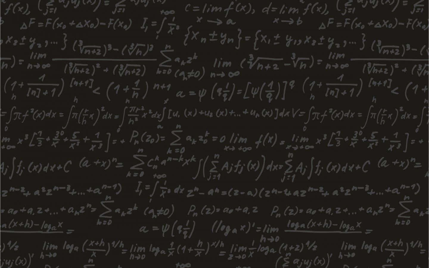 mathematics 桌布 壁紙 — 一面密集的牆壁，上面佈滿了用白色粉筆在深灰色混凝土上手寫的數學方程式和微積分公式。