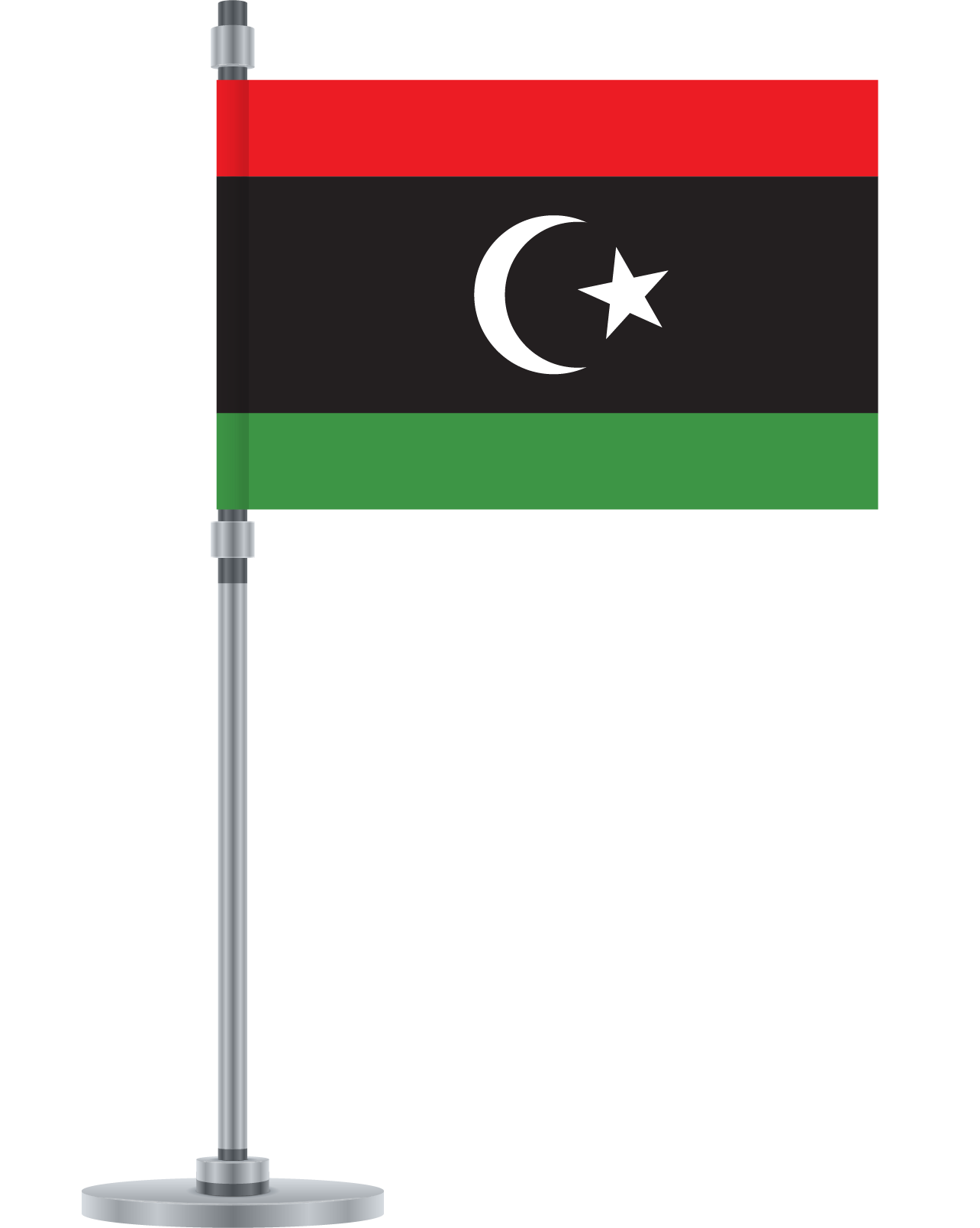 Libya 桌布 壁紙 — 一面小型利比亞國旗，有紅、黑、綠橫條，黑色條紋中央有白色新月和星星，安裝在銀色旗桿上，背景為白色。