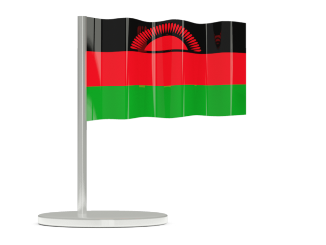 Malawi 桌布 壁紙 — 一面小型馬拉威國旗，帶有黑色、紅色和綠色條紋以及紅色太陽標誌，在銀色支架上輕輕飄揚，背景為純黑色。