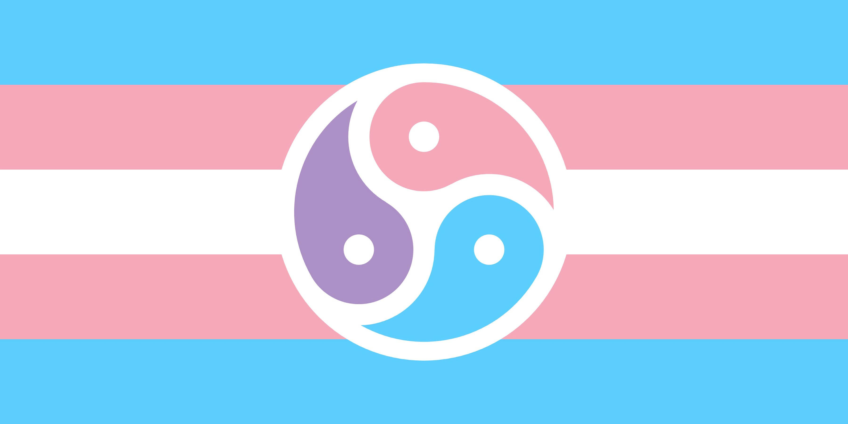 LGBT 桌布 壁紙 — 一面帶有水平條紋和中央陰陽符號的跨性別驕傲旗幟，顏色為紫色、粉紅色和藍色。