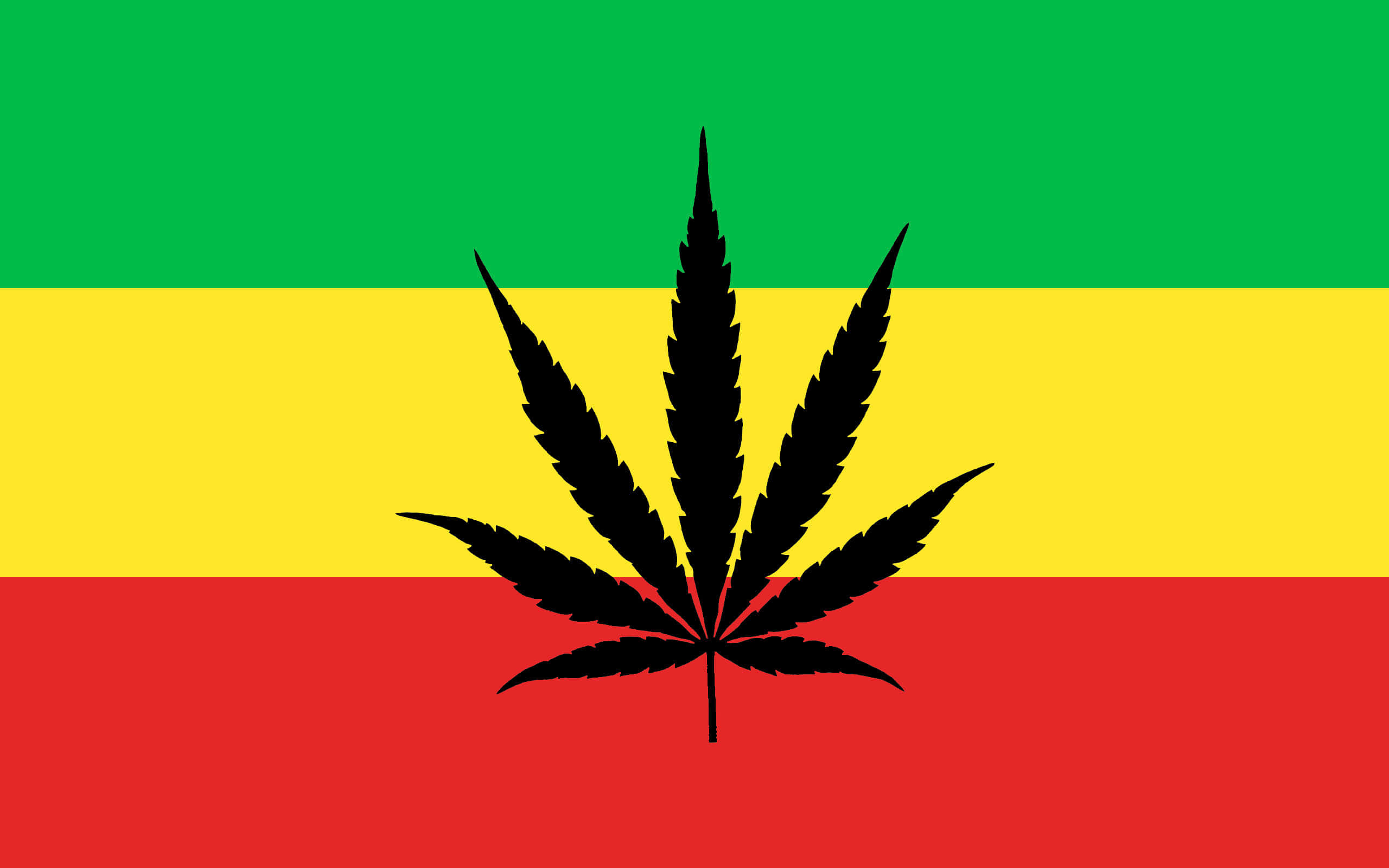 迷幻 桌布 壁紙 — 一面帶有水平綠色、黃色和紅色條紋的旗幟中央，有一個醒目的黑色大麻葉。