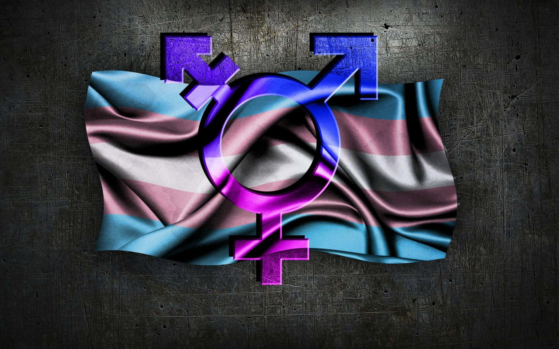 transgender 桌布 壁紙 — 一面帶有發光紫色符號的跨性別驕傲旗幟，在帶有紋理的深色金屬牆上飄揚。