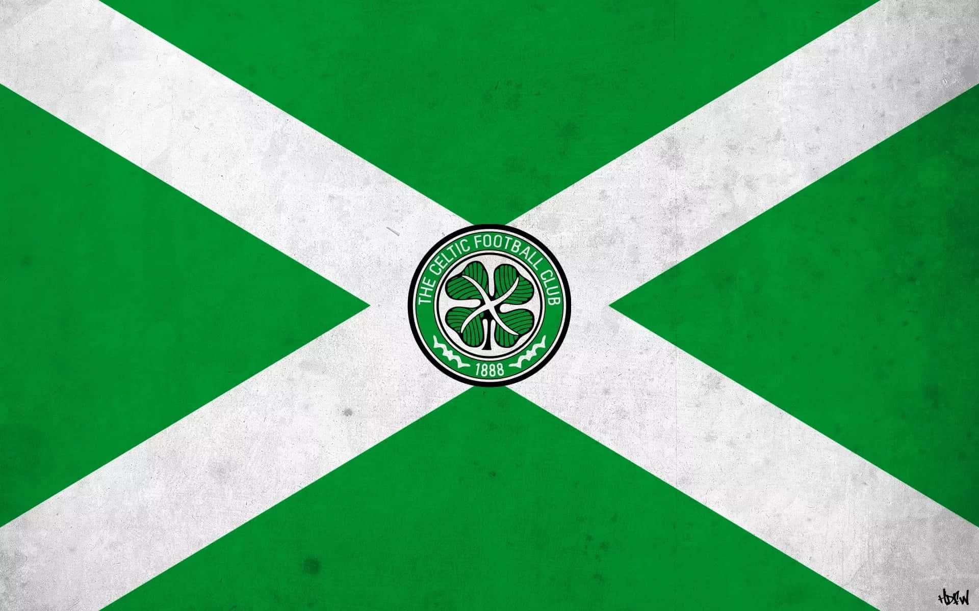 Celtic 桌布 壁紙 — 一面帶有紋理的綠色和白色X形旗幟，中央放置塞爾提克足球俱樂部徽章，背景呈風化效果。