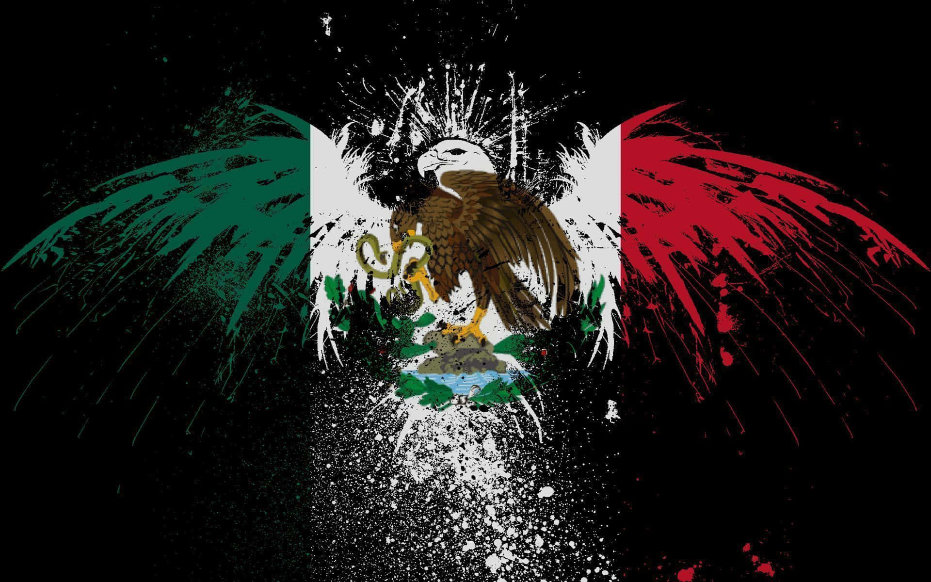 Mexico Soccer 桌布 壁紙 — 一面帶有老舊風格的墨西哥國旗，鷹翼展開，黑色背景上有白色潑濺效果。