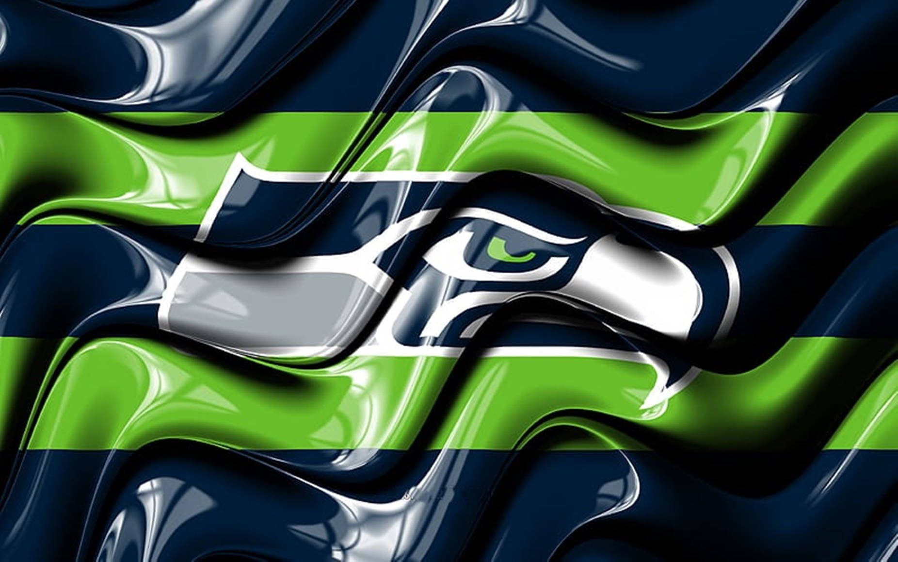 Seattle Seahawks 桌布 壁紙 — 一面帶有西雅圖海鷹隊標誌、以綠色、海軍藍和白色呈現的光澤波浪旗幟，動態地飄過畫面。