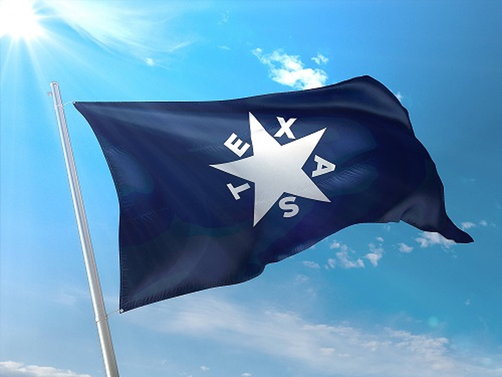 Texas Flag 桌布 壁紙 — 一面帶有銀星和字母的德克薩斯州旗在藍天白雲和陽光照耀下驕傲地飄揚。