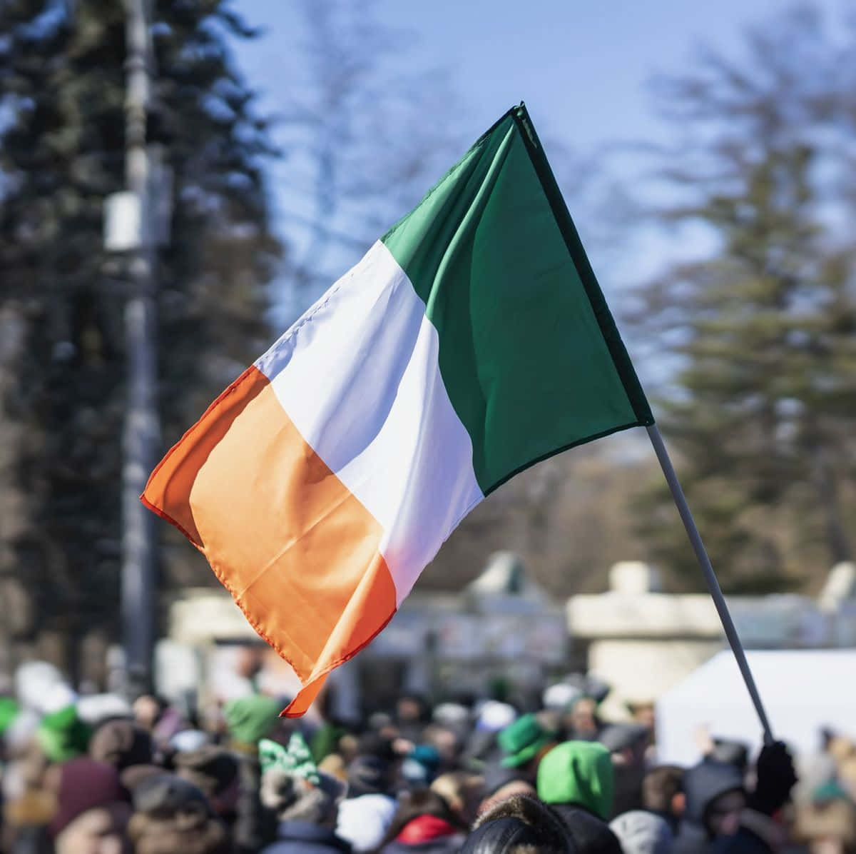 St Patrick's Day 桌布 壁紙 — 一面愛爾蘭國旗在晴朗藍天下，自豪地飄揚在戶外聚集的人群上方。