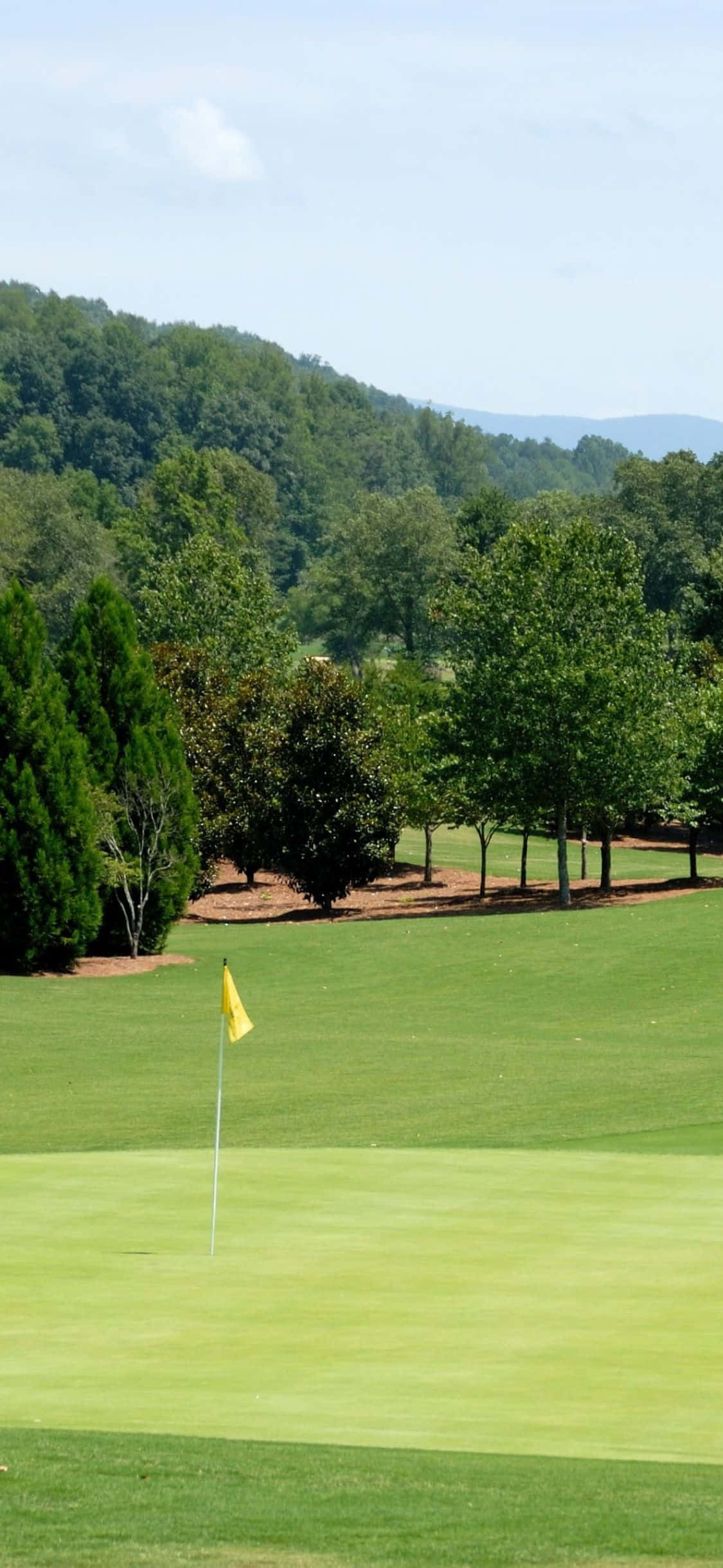 iPhone X Golf Course 桌布 壁紙 — 一面明亮的黃色旗幟標記著一個寧靜高爾夫球場的果嶺，周圍環繞著茂密的樹木和起伏的山丘，上方是清澈的藍天。
