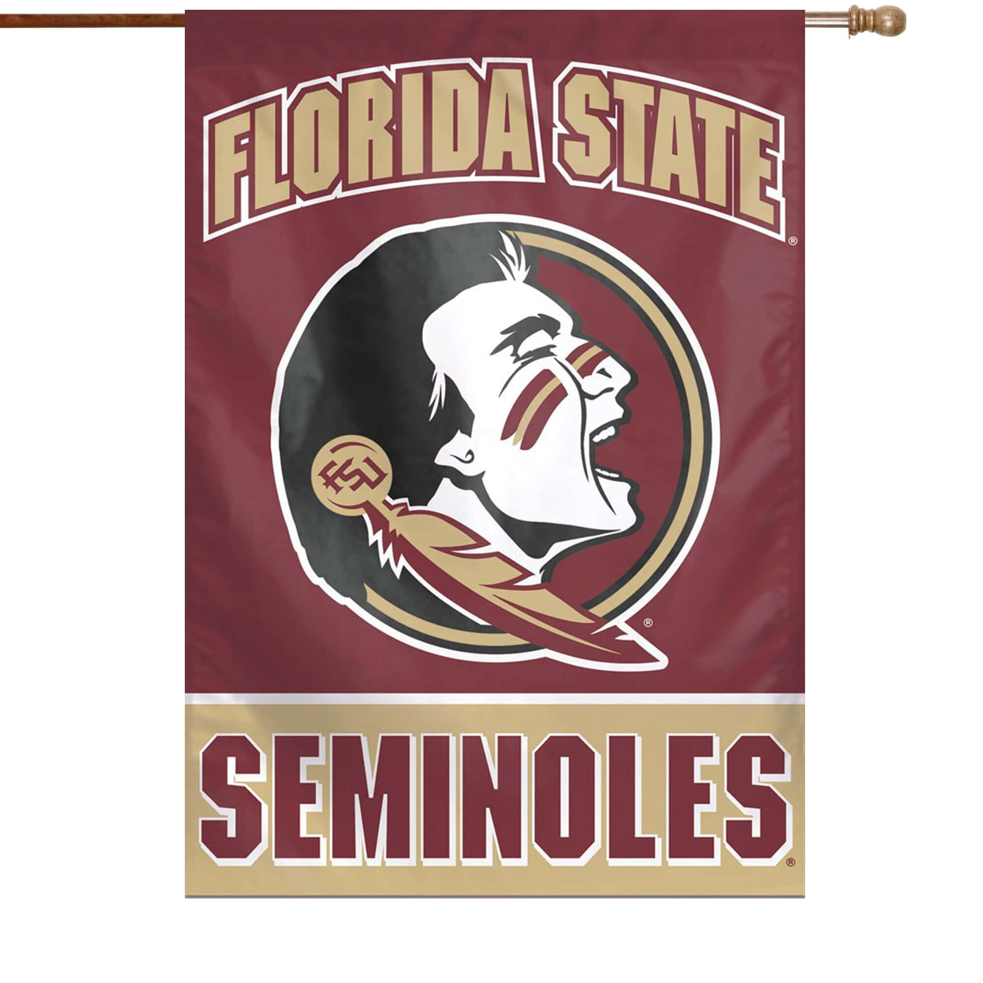 Florida State 桌布 壁紙 — 一面栗色和金色的佛羅里達州立塞米諾爾人橫幅，特色是咆哮的印第安人吉祥物，帶有羽毛和粗體字。