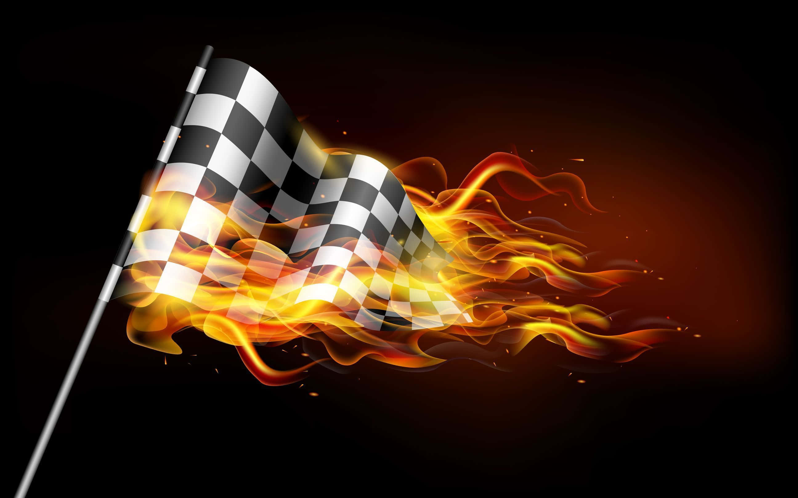 Checkered Flag 桌布 壁紙 — 一面格子賽車旗在深色背景上爆發出充滿動感的橙色火焰。