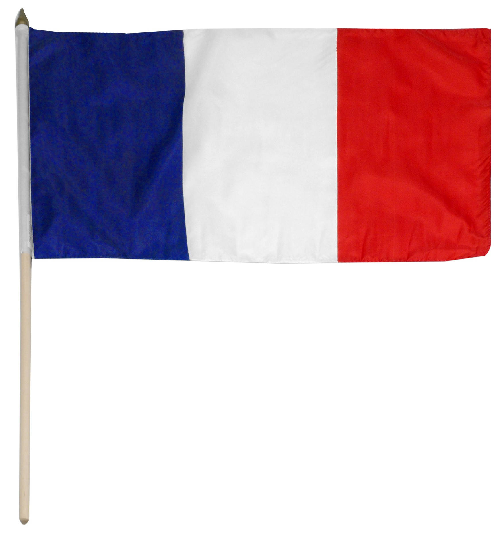 France Flag 桌布 壁紙 — 一面法國三色旗，旗桿上帶有藍、白、紅垂直條紋，背景為純白色。
