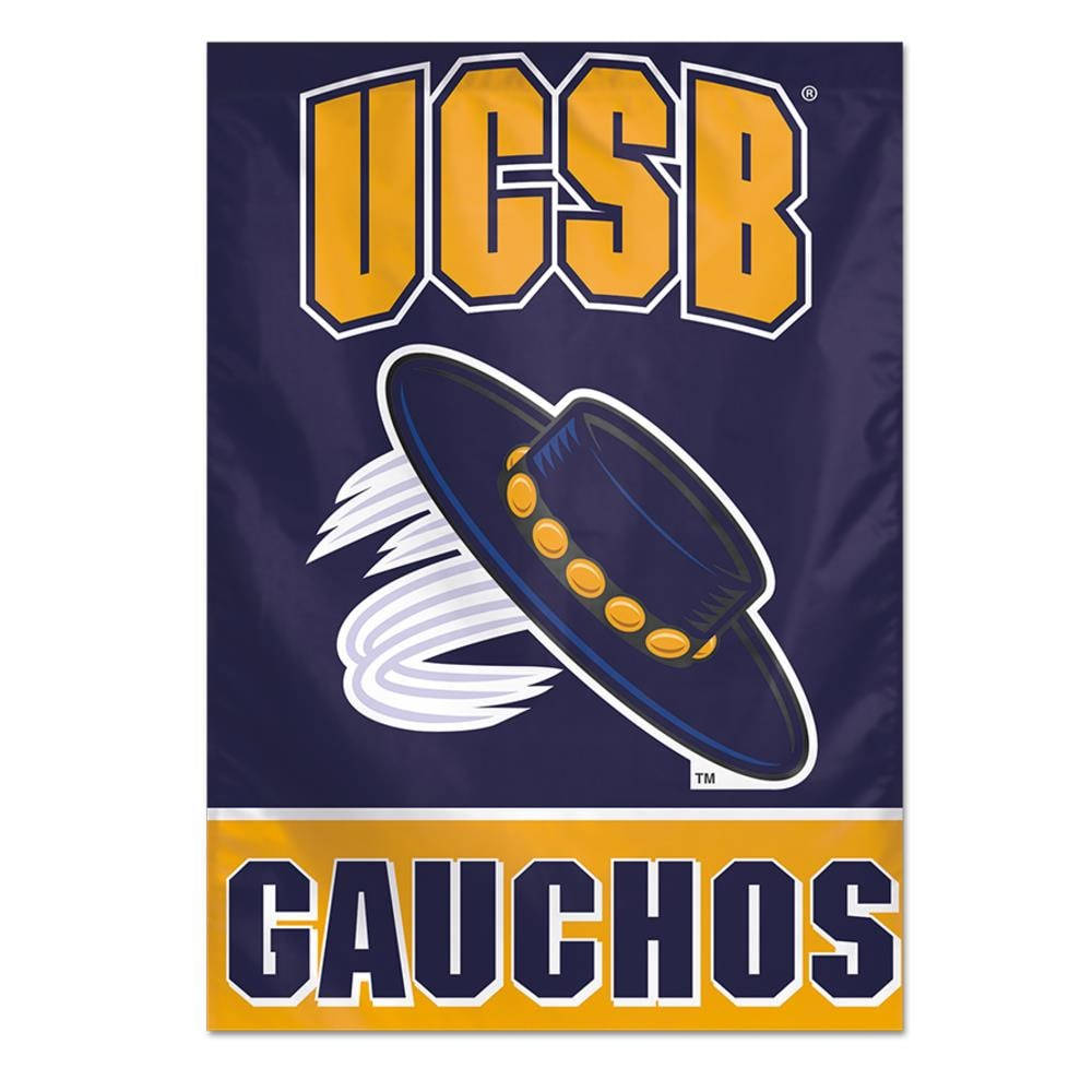 加州 桌布 壁紙 — 一面海軍藍和金色的 UCSB Gauchos 旗幟，帶有粗體字和一個帶有白色運動線條的風格化牛仔帽。