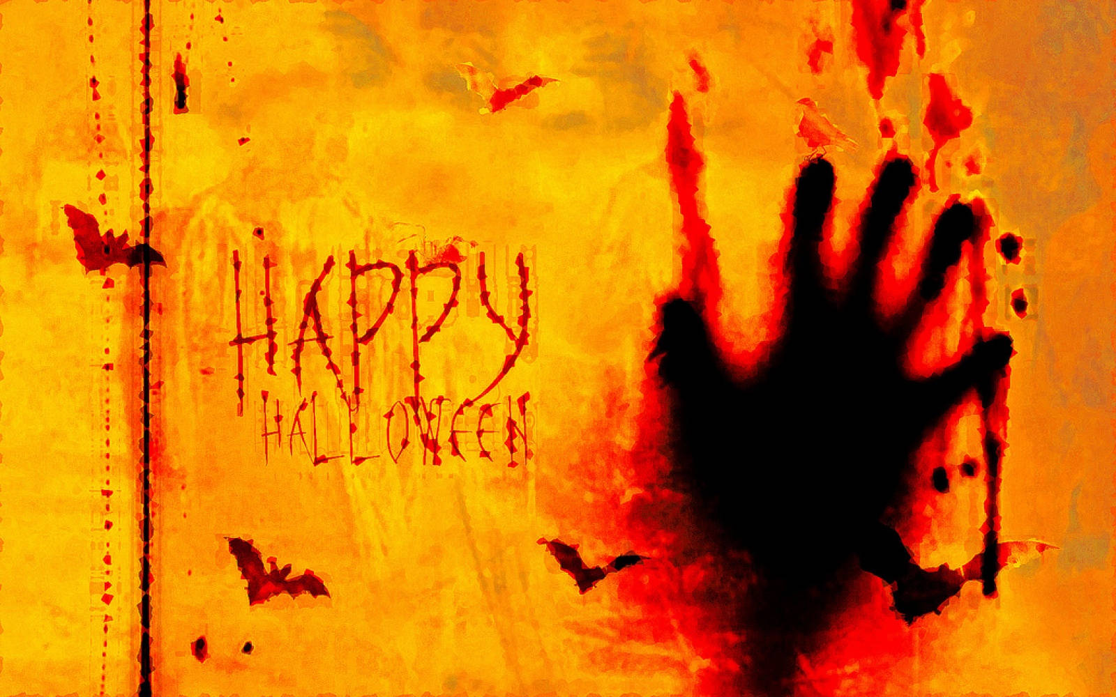 Spooky Season 桌布 壁紙 — 一面火橙色牆壁，濺滿紅色血跡般的污漬和一個黑色手印，蝙蝠圍繞著「happy halloween」字樣飛舞。