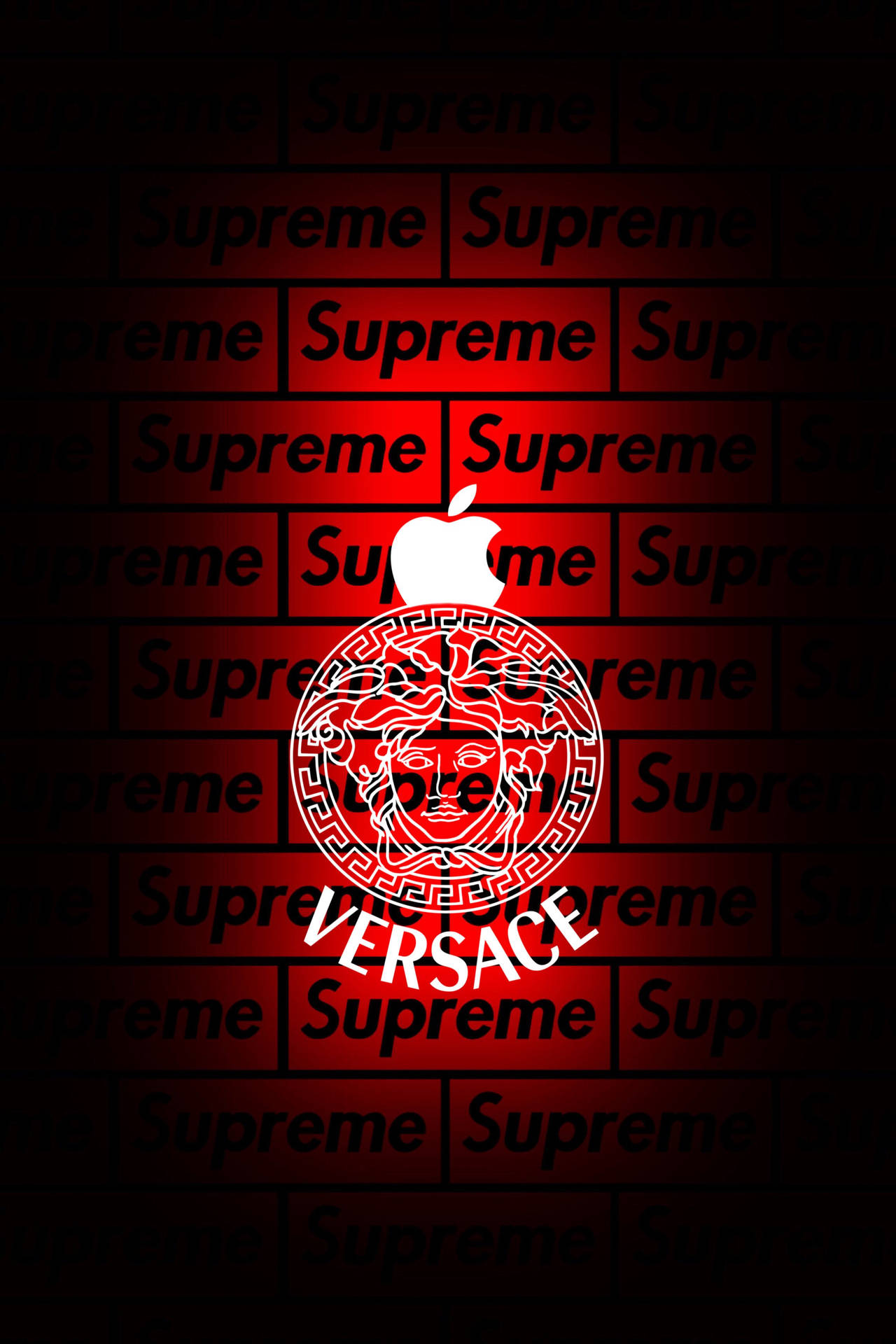 supreme aesthetic 桌布 壁紙 — 一面發光的紅磚牆上佈滿 Supreme 標誌，白色 Apple 標誌與 Versace 美杜莎頭像融合，下方有 Versace 字樣。