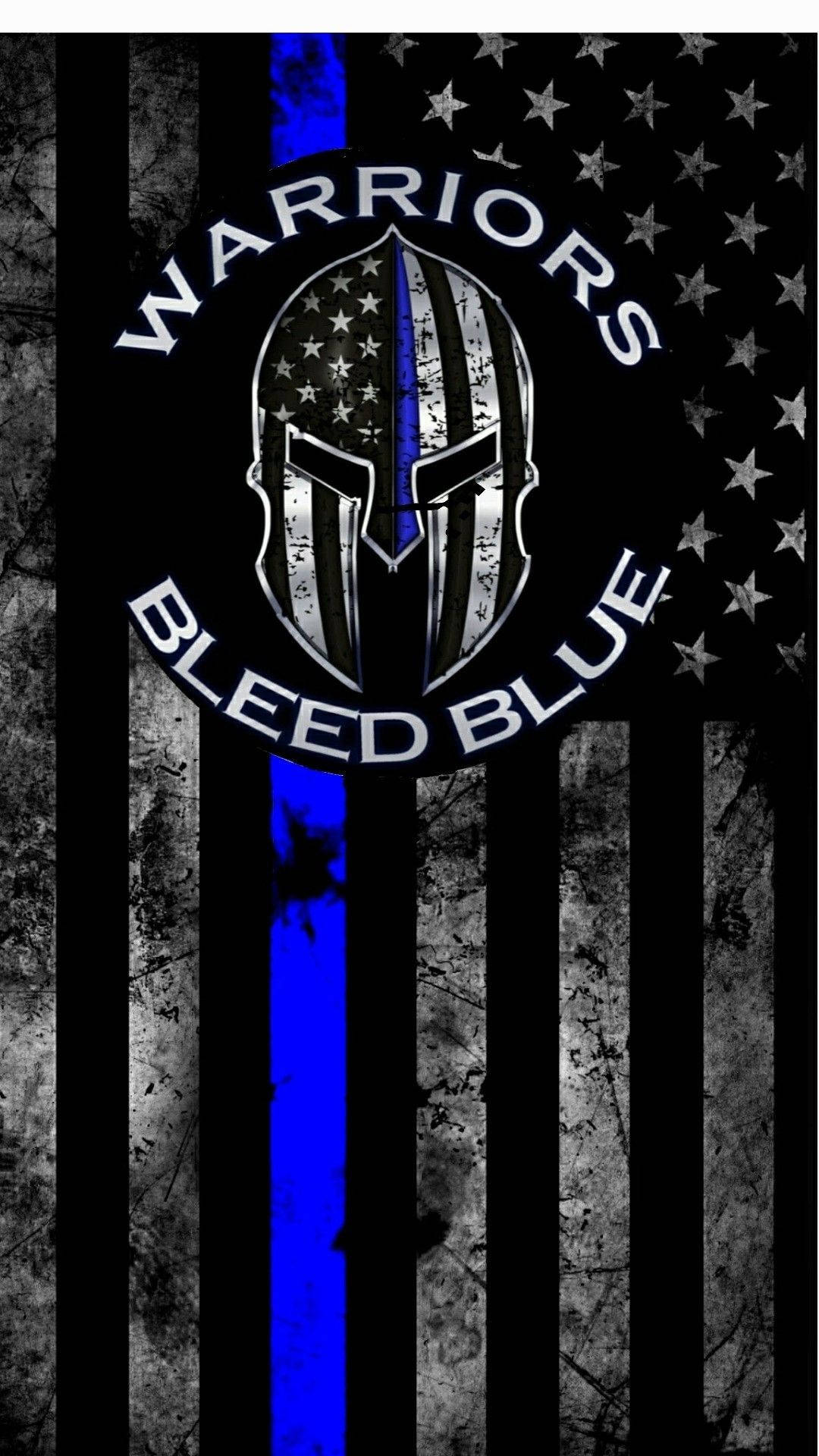 斯巴達頭盔在美國國旗上，帶有藍色細線和文字 warriors bleed blue。 — 細藍線動圖 壁紙