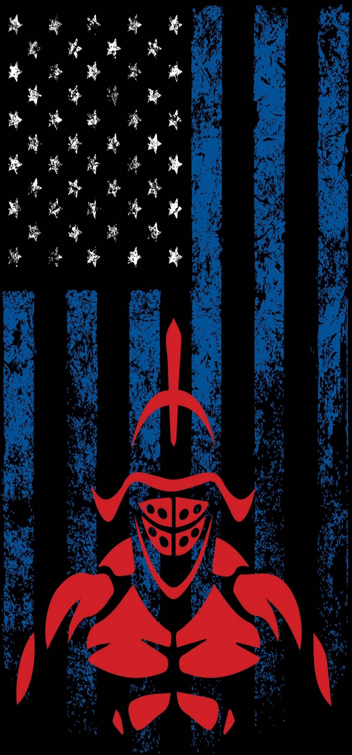 Black American Flag 桌布 壁紙 — 一面破損的美國國旗帶有細藍條紋，下方有一個大膽的紅色武士剪影。